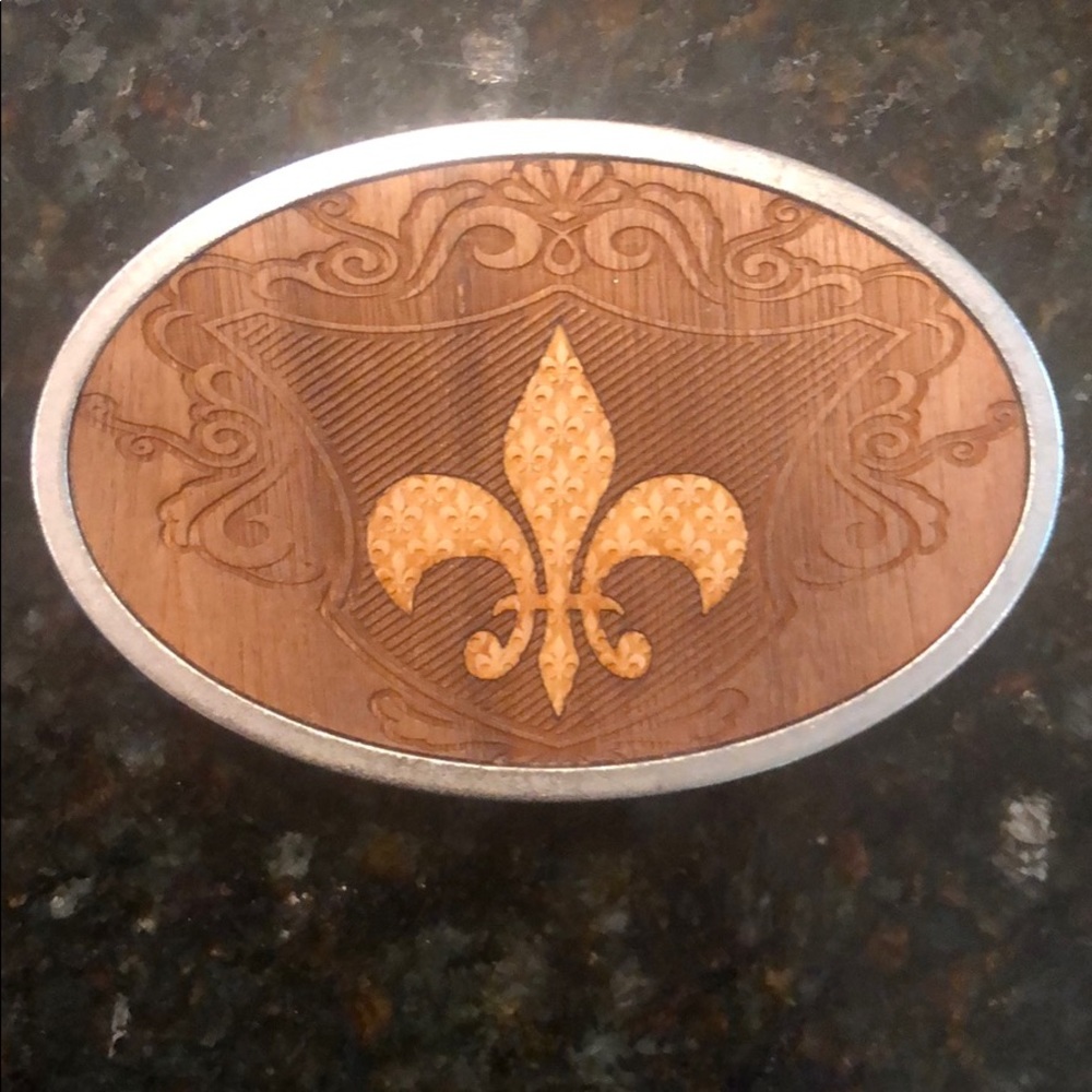 Fleur De Lis wood and cork and metal belt buckle
